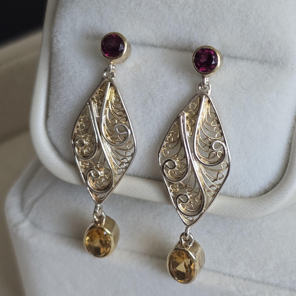 Vintage-Inspired Sterling Silver Filigree Earrings with Citrine & Garnet - Picture 10 of 12
